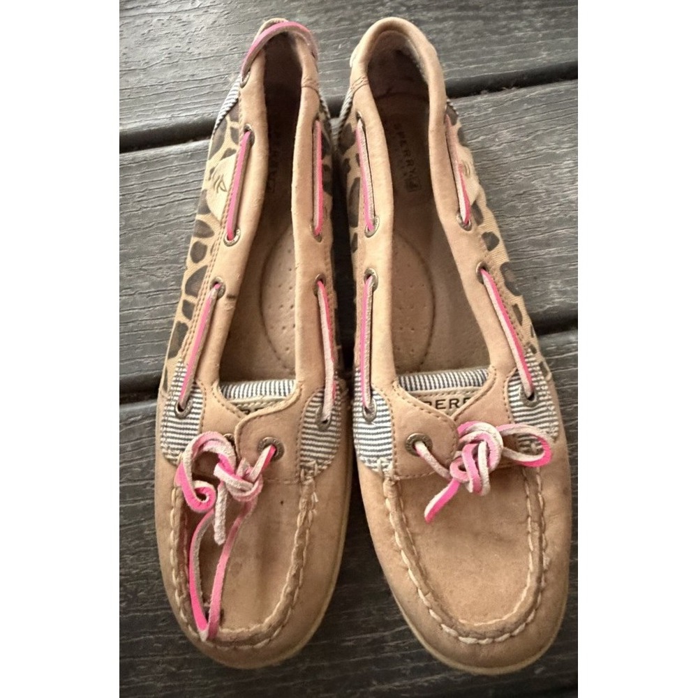 Sperry Top-Sider Womens 8M Boat Shoes Leopard Pink Tan Leather Preppy Nautical